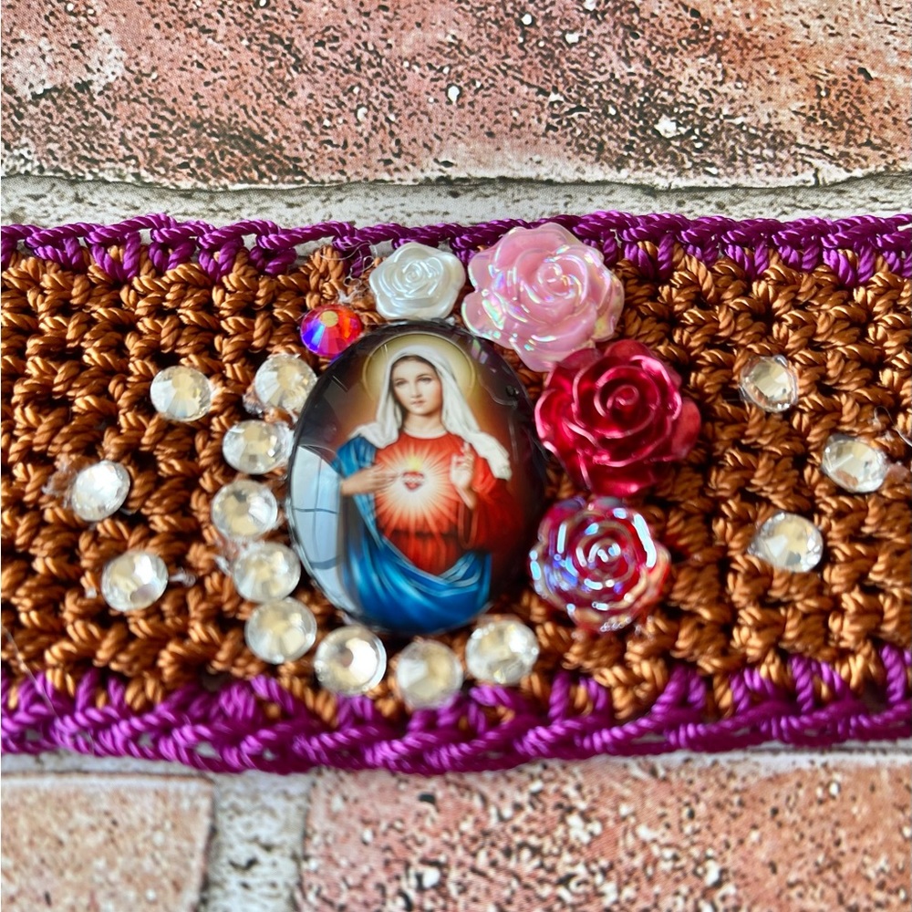 Hand Knits 2 Love Bracelet Virgin Nary Cabochon Roses Beads Christian Faith Gift